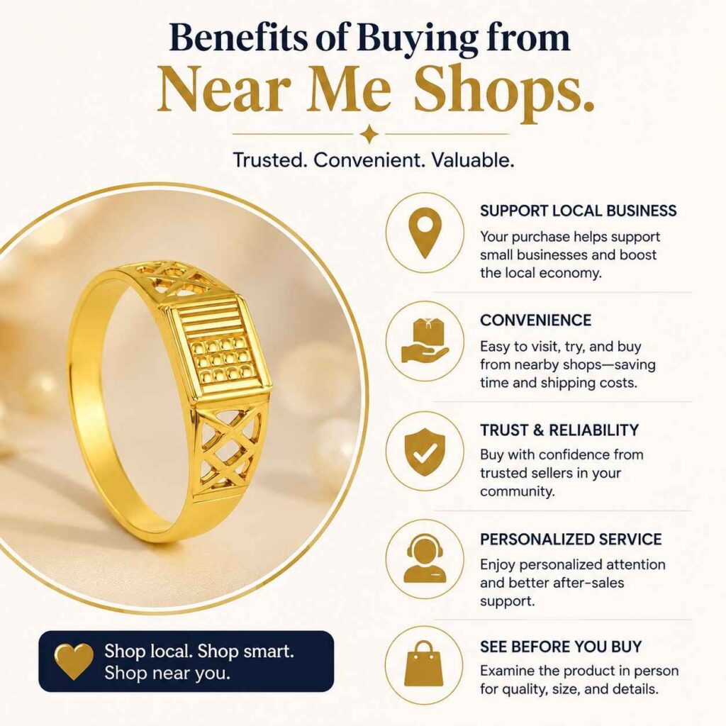Benefits of Buying from Near Me Shops.
Shopping at a local gold jewelry store has many benefits. People searching for “Ring Near Me” usually want easy shopping, checking ring quality, quick purchase, reliable shopping, an opportunity to see and buy jewelry in person, better prices and bargaining, a customised design facility, easy exchange and repair, personal customer service, saving time and convenience.