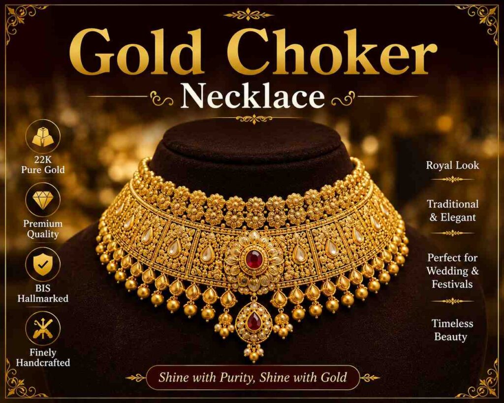 What is a Gold Choker Necklace?
A Latest Gold Choker Necklace Designs with Weight. is a neck jewelry piece that fits closely around the neck. The word “choker” means a necklace that sits neatly around the neck and gives a stylish look. It is shorter in length compared to standard long necklaces and, when wearing a necklace, imparts a look that is highly stylish and royal.