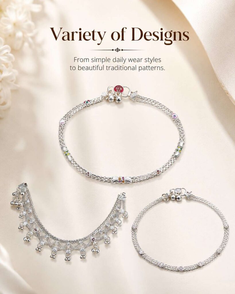 Variety of Designs.
Some people like simple and lightweight payals for daily wear, some people like heavy and detailed payals for weddings and festivals. silver payals come in many designs to match every age. For daily use, women prefer simple chain payals because they are light, comfortable, and easy to wear. Traditional functions, ghungroo payals are popular because they give a soft jingling sound and a graceful Indian feel. And Brides, heavy silver payals with detailed work, beads, stones, and artistic patterns give a royal and also becoming popular.