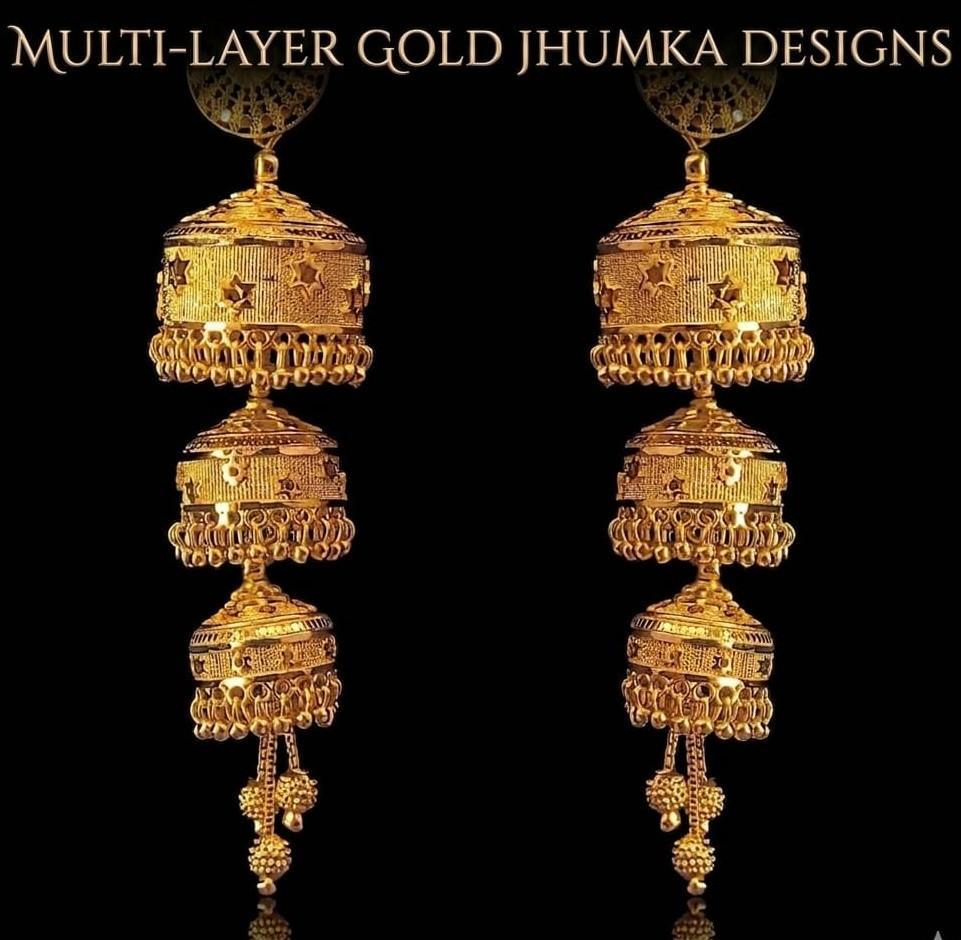 Multi-Layer Jhumka Designs.
These stylish earrings made with two or more hanging layers or bell shapes. These jhumkas look heavy, royal, and attractive, making them perfect for weddings, festivals, and bridal wear. Their price range usually starts from around ₹70,000 for lightweight layered designs and can go above ₹2,00,000.
