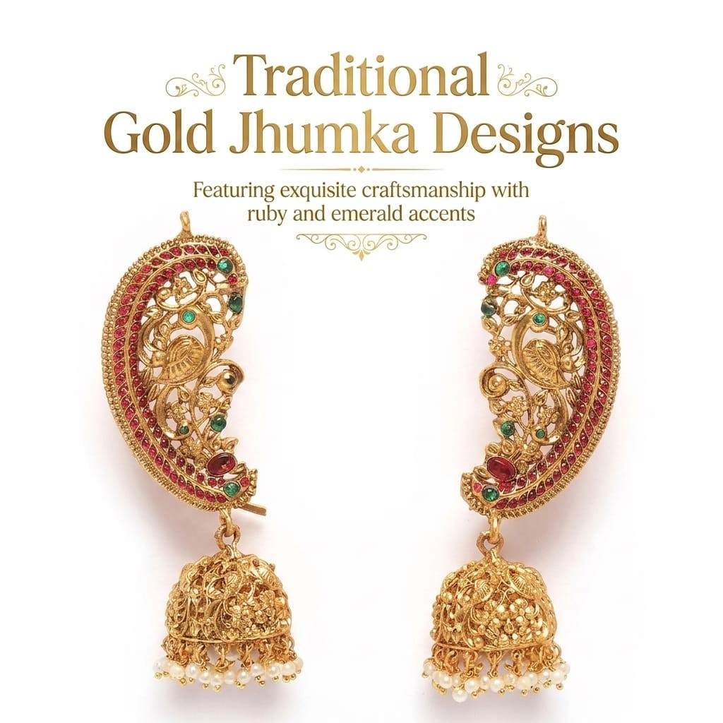 Traditional Gold Jhumka Designs.
In 10 Gram Gold Jhumka Designs with Prices. Traditional gold jhumkas are classic Indian earrings made with beautiful old-style patterns. These jhumkas have temple, floral, peacock, or antique designs and are mostly wearing at weddings, festivals, and cultural functions and price start from around ₹35,000 – ₹80,000.