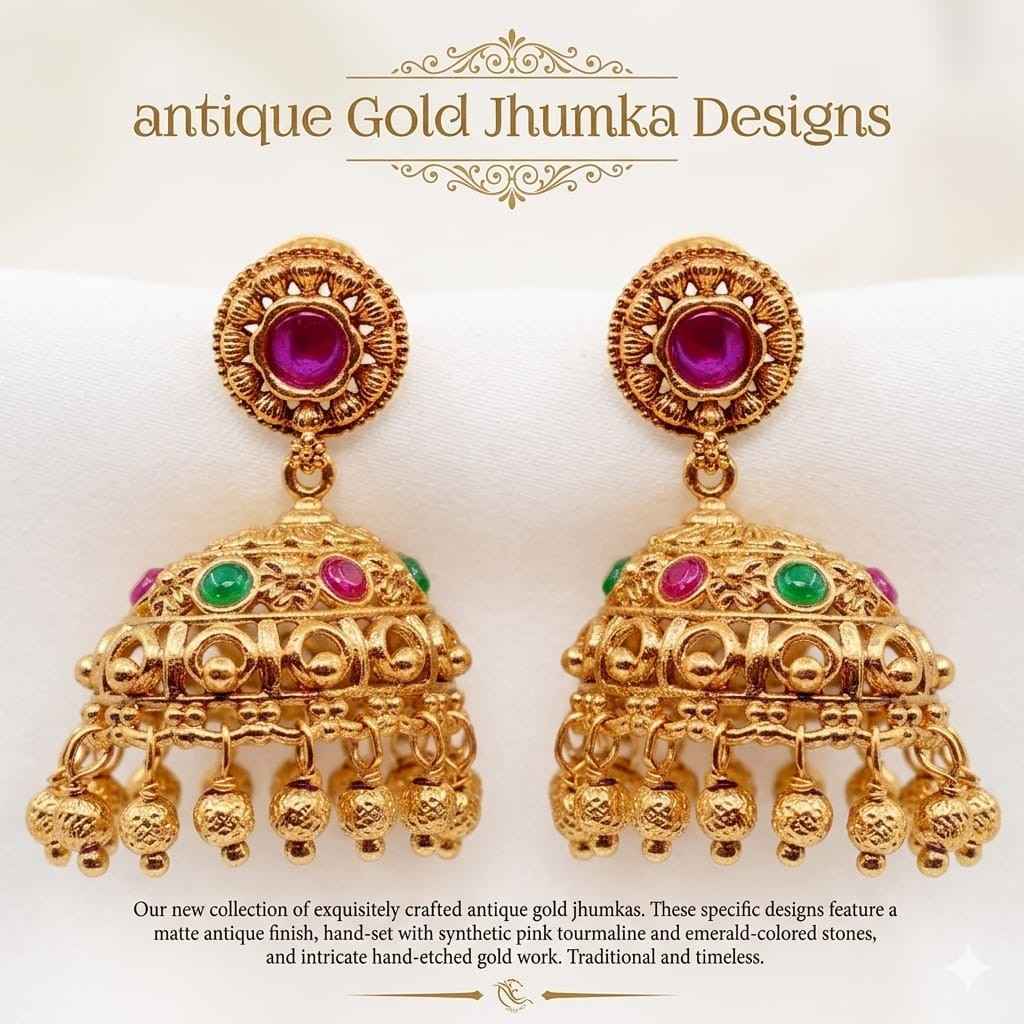 Antique Gold Jhumka Designs.
A traditional-style earrings with an old and royal look. These jhumkas usually have dark gold finishing, detailed patterns, and vintage designs that are popular for weddings and festive wear. The price range of antique gold jhumkas usually starts from around ₹1,00,000 for lightweight designs and can go above ₹3,00,000.