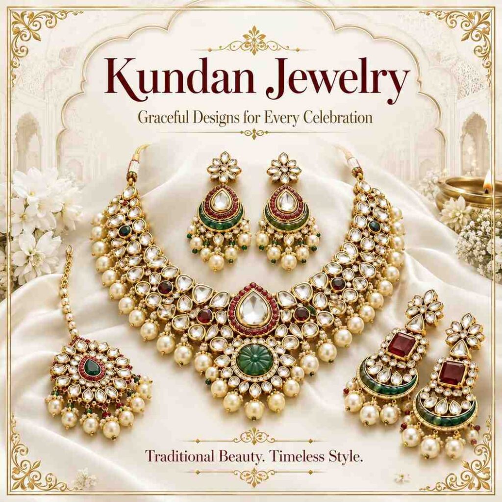 Kundan Jewelry.
It is made with beautiful stones placed in gold-like settings. Gives a Royal look and detailed designs. Kundan jewelry is commonly wear during weddings and festivals.
