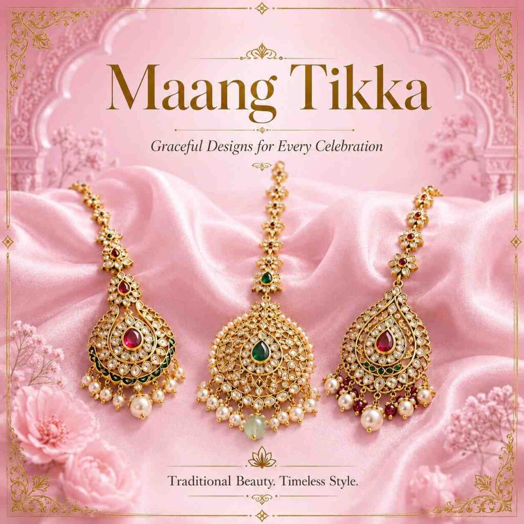Maang Tikka.
Women during traditional functions. It hangs from the hairline and rests on the forehead. It gives a royal appearance, traditional beauty, and bridal look. Maang tikka is very popular in Indian wedding fashion.