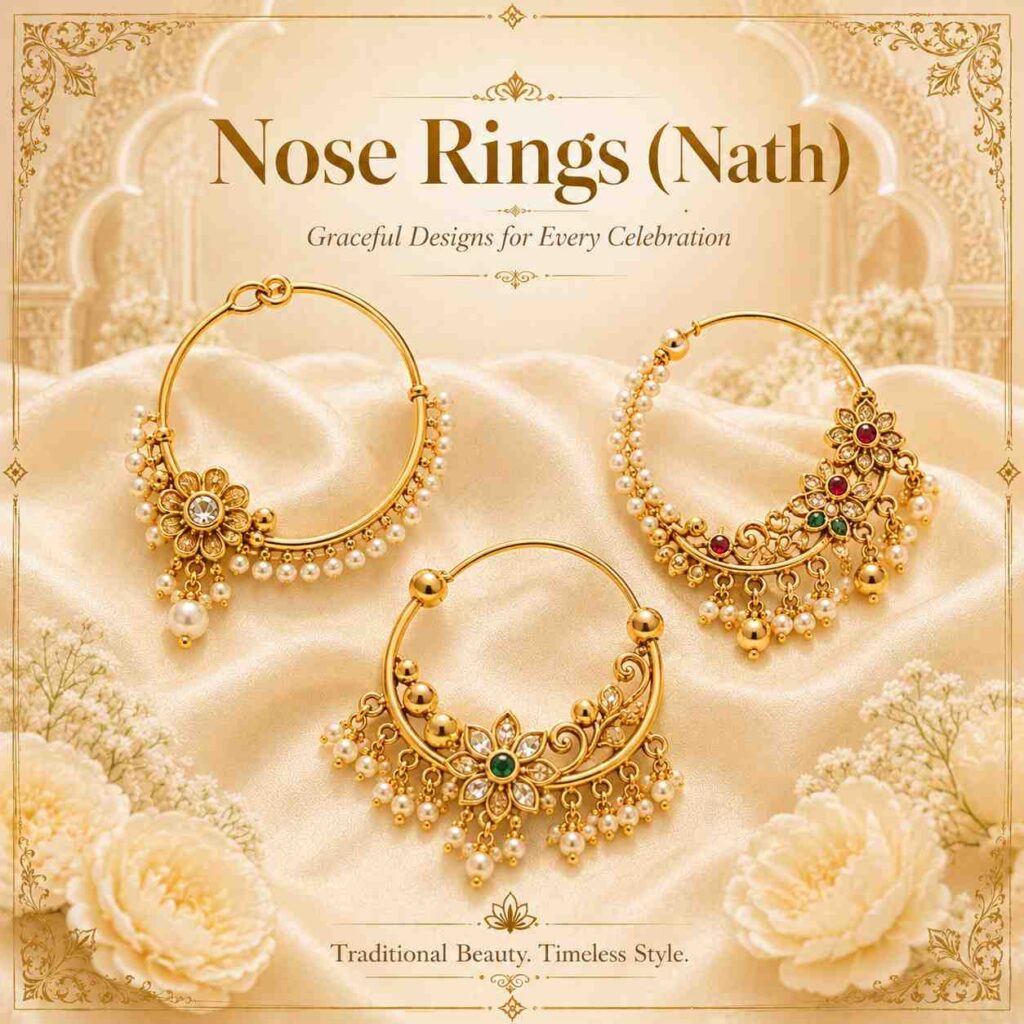 Nose Rings (Nath).
Nose rings are traditional Indian jewelry accessories wear on the nose. Brides wear decorative nose rings during weddings. They are available in Small simple designs, large bridal styles, and pearl and stone designs. Add a cultural and traditional touch to the look.
