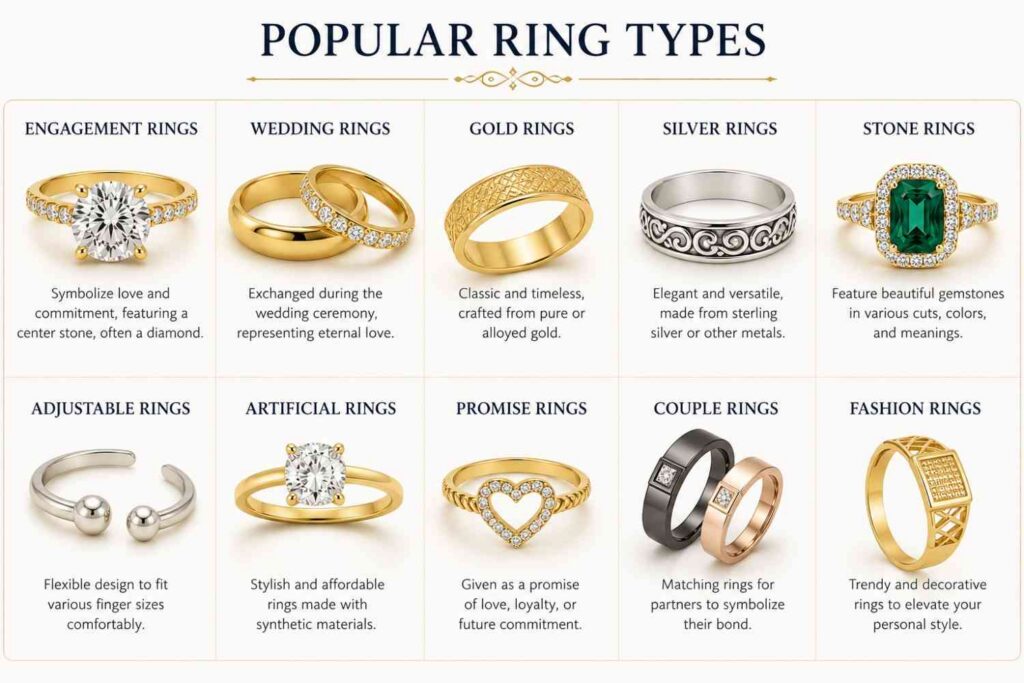 Popular Ring Types.
The most common and stylish rings that people buy for fashion, weddings, engagements, and daily wear. Some of the most popular ring styles include engagement rings, wedding rings, gold rings, silver rings, stone rings, adjustable rings, artificial rings, promise rings, couple rings and fashion rings. When people search for Rings Near Me. These types of rings available at nearby jewelry shops.