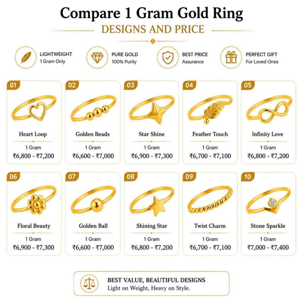 Compare 1 Gram Gold Ring designs and price.
Compare rings to beautiful designs, good quality, affordable price and the best value for money. The 1 Gram Gold Ring Price come in many styles, such as: simple rings, floral designs, stone rings, adjustable rings, modern and traditional styles. The 1 Gram Gold Ring Price can change depending on the ring design, gold quality, stone work or extra decoration, brand name and making charges.