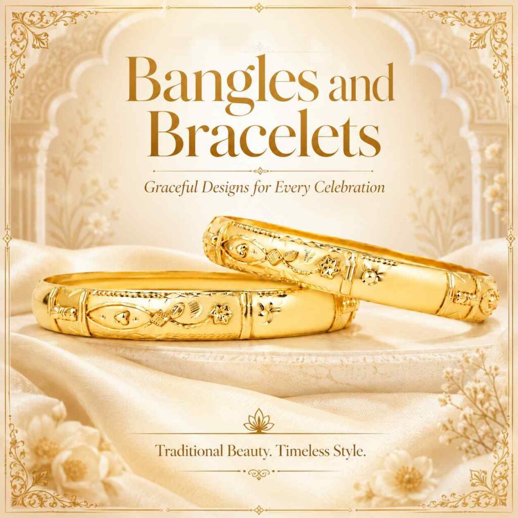 Bangles and Bracelets.
Bangles and bracelets are traditional hand accessories wearing by women during weddings, festivals, and celebrations. Bangles are usually wear in pairs or sets and are available in colorful designs. And bracelets are modern hand jewelry wear with western and ethnic outfits for a fashionable look.
