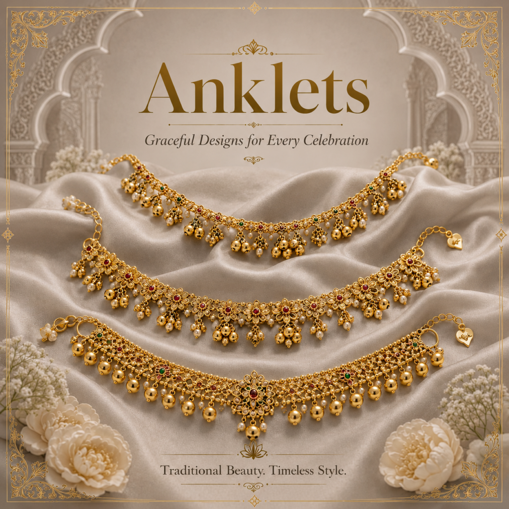 Anklets.
Anklets are jewelry pieces wear around the ankles. They are especially popular during weddings and festivals. Anklets can be Simple chain style, beaded designs, and Ghungroo anklets with tiny bells.