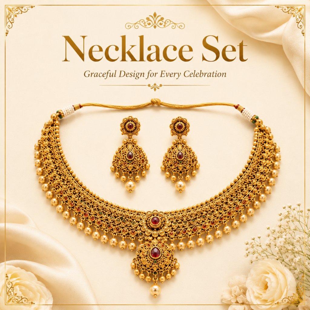 Necklace Sets.
One of the most popular types of Indian costume jewelry. Women wear necklace sets with sarees, lehengas, salwar suits, and party dresses.