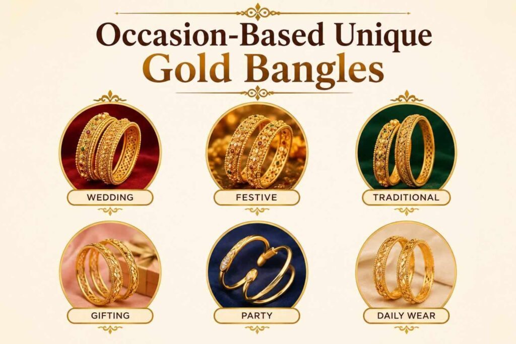 Occasion-Based Unique Gold Bangles. 
Nowadays, Unique Gold Bangle Designs have being ornaments into a way to showcase one's style and personality. Unique gold bangles Designs featuring diverse designs are chosen for various occasions to your look appears even more captivating.