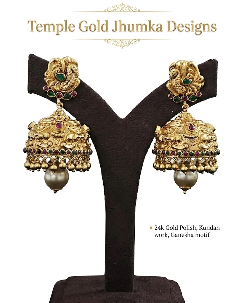 Temple Gold Jhumka Designs.
Inspired by South Indian temple art. usually made in 22K gold and may include pearls, kundan, or colorful stones for extra beauty, peacock, or antique patterns and are popular for weddings, festivals, and traditional outfits. Lightweight temple jhumkas can start from around ₹85,000, while heavy bridal and designer temple jhumkas can go above ₹3,00,000.