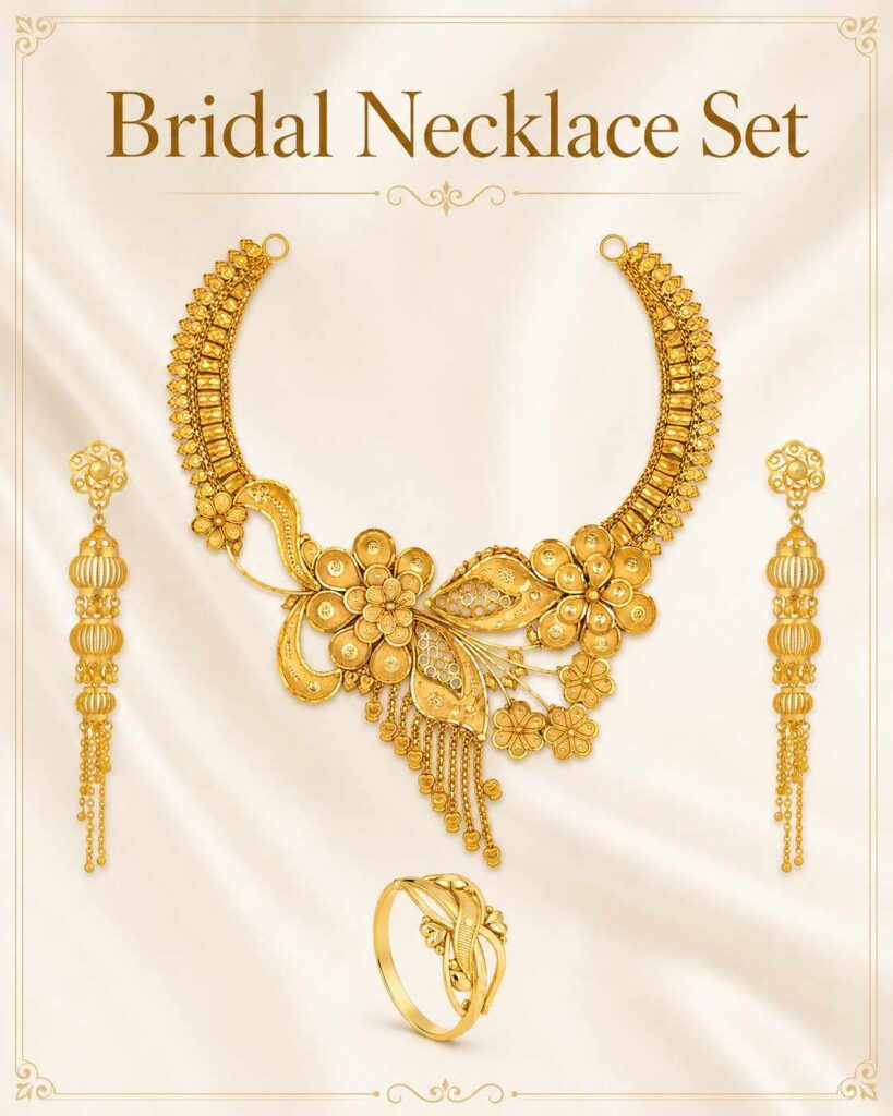 Bridal Necklace Set.
A bridal necklace set is a complete jewelry set specially designed for brides. This set usually includes a necklace with matching earrings, maang tikka, and sometimes bangles or nath. It plays an important role in completing the bridal look and enhancing the bride’s beauty.