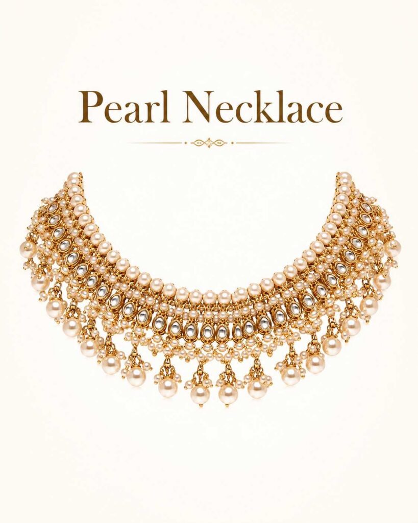 Pearl Necklace.
Timeless Elegance and Grace. A pearl necklace is made with beautiful pearls. Pearls have been a part of fashion for many years and still hold a special place in women’s jewelry collections. They give a simple, sophisticated, and graceful look that suits women of every age group.