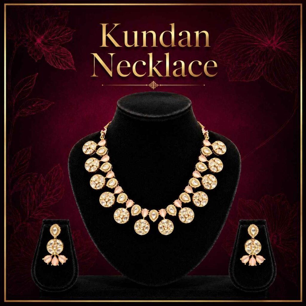 Kundan necklace.
A Kundan necklace is a traditional Indian jewelry piece made with kundan stones. It is one of the most popular traditional jewelry styles in India.
Kundan necklaces are mainly worn at weddings, festivals, and cultural occasions. Their beautiful craftsmanship and royal designs make them a favorite choice for many women.
