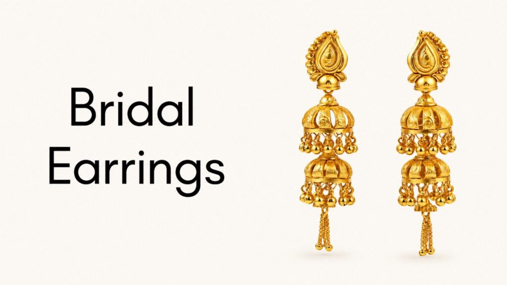 Top 5 Bridal Jewelry Pieces  Bridal Earrings Jhumkas, chandbali earrings, studs, or long diamond earrings make the bridal look more attractive. When earrings are chosen according to the face shape, they make the complete look balanced and stylish.