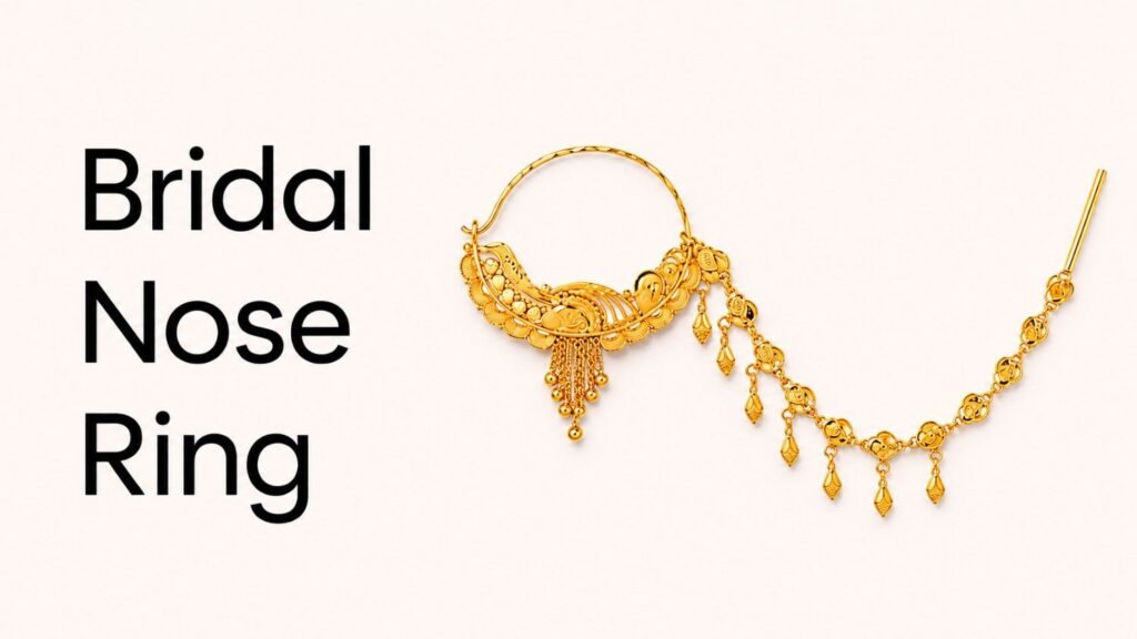Top 5 Bridal Jewelry Pieces  Bridal Nose Ring For Indian brides, a nath is not just a jewelry piece but also a symbol of tradition and good fortune. Today, many options are available, from simple gold nath designs to diamond and Kundan designs.