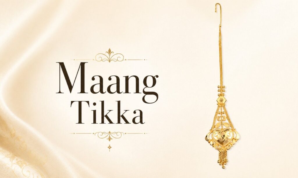 Top 5 Bridal Jewelry Pieces Maang Tikka A maang tikka is a traditional and beautiful part of Indian bridal jewelry. It is worn in the center of the forehead and gives the bride a royal and attractive look.