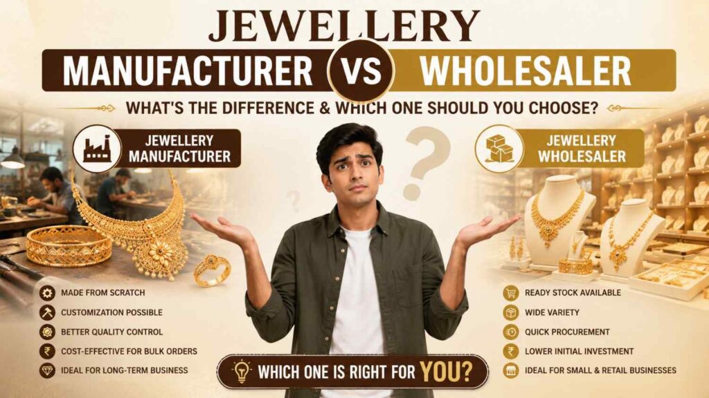 Split-view image showcasing a large collection of gold jewellery. The left side features neatly arranged gold chains and rings on a black display tray, while the right side displays intricately designed gold necklaces, bangles, earrings, and traditional jewellery piled on a red velvet tray, highlighting jewellery manufacturing and wholesale inventory.